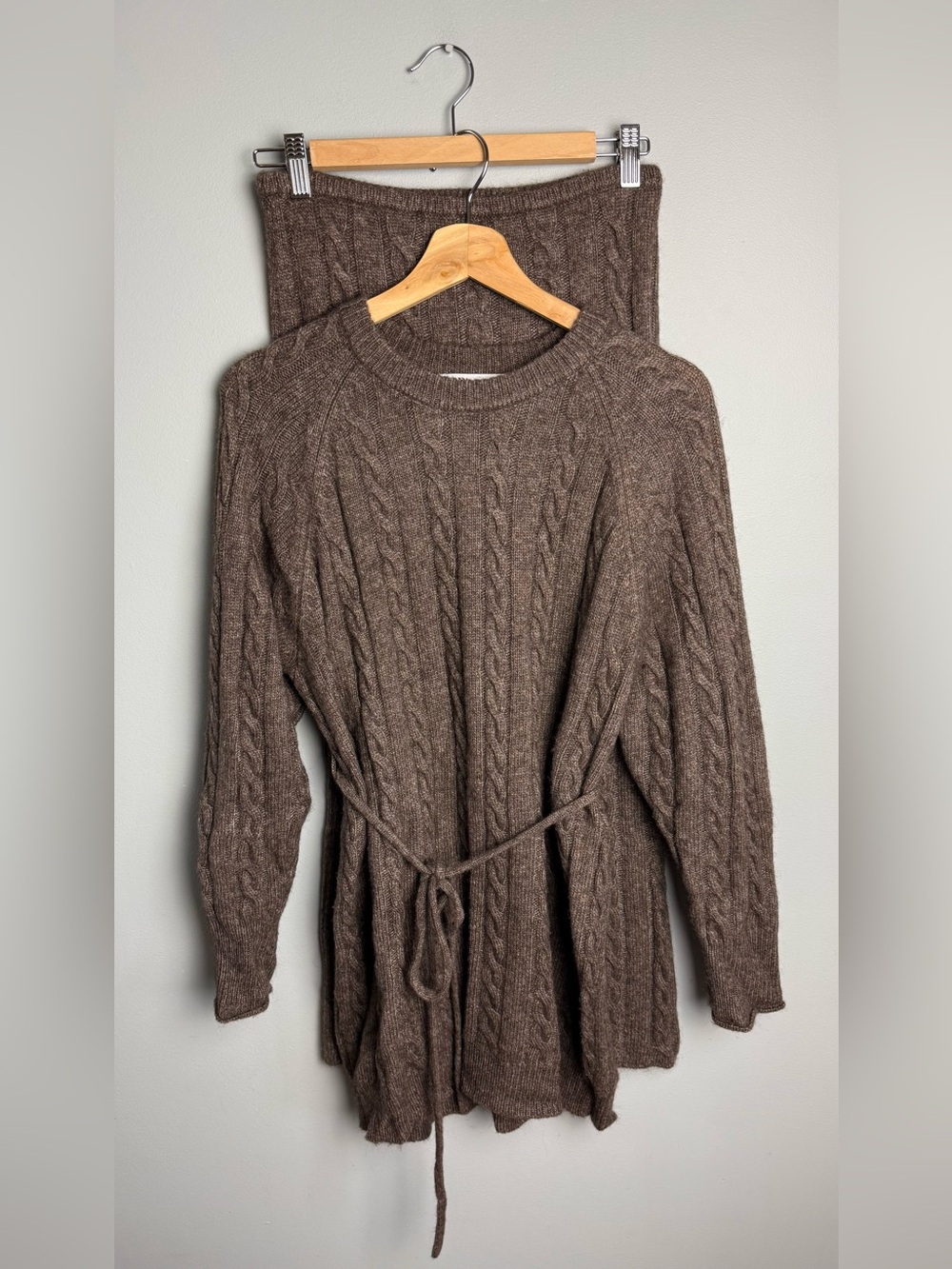 Zara Brown Cable-Knit Belted Crew Sweater